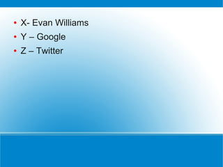 ●   X- Evan Williams
●   Y – Google
●   Z – Twitter
 