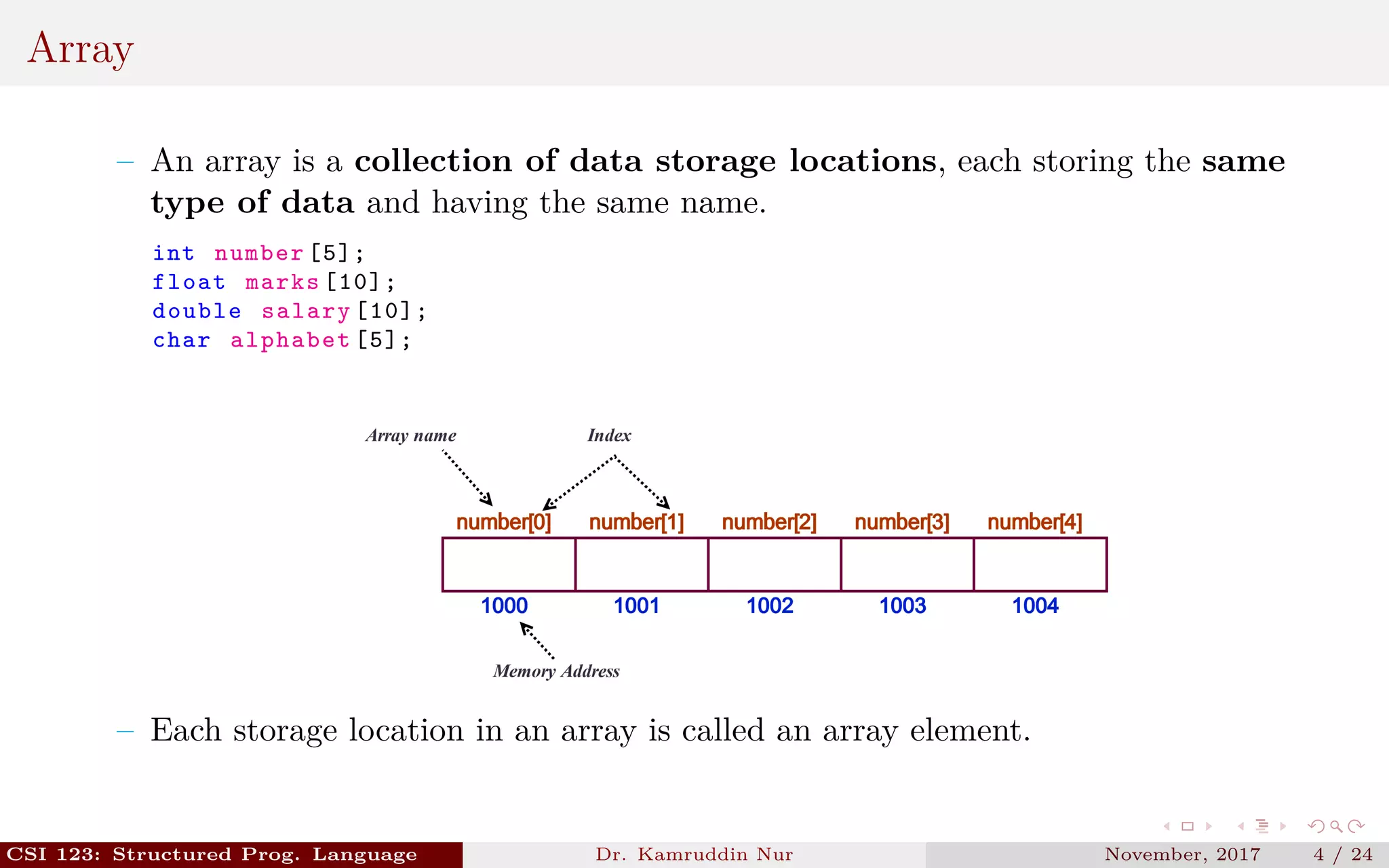 Array
– An array is a collection of data storage locations, each storing the same
type of data and having the same name.
int number [5];
float marks [10];
double salary [10];
char alphabet [5];
– Each storage location in an array is called an array element.
CSI 123: Structured Prog. Language Dr. Kamruddin Nur November, 2017 4 / 24
 
