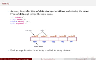 Array
– An array is a collection of data storage locations, each storing the same
type of data and having the same name.
int number [5];
float marks [10];
double salary [10];
char alphabet [5];
– Each storage location in an array is called an array element.
CSI 123: Structured Prog. Language Dr. Kamruddin Nur November, 2017 4 / 24
 