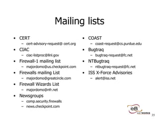 Mailing lists CERT  cert-advisory-request@ cert.org CIAC [email_address] Firewall-1 mailing list [email_address] Firewalls mailing List  [email_address] Firewall Wizards List [email_address] Newsgroups comp.security.firewalls news.checkpoint.com COAST [email_address] Bugtraq [email_address] NTBugtraq [email_address] ISS X-Force Advisories [email_address] 