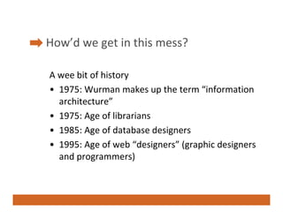 How’d we get in this mess?
H ’d       t i thi       ?

A wee bit of history
• 1975: Wurman makes up the term “information ...