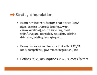 Strategic foundation 
St t i f      d ti
• Examines internal factors that affect CS/IA
  Examines internal factors that af...