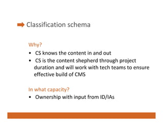 Classification schema
Cl ifi ti        h

Why?
• CS knows the content in and out 
• CS is the content shepherd through pro...