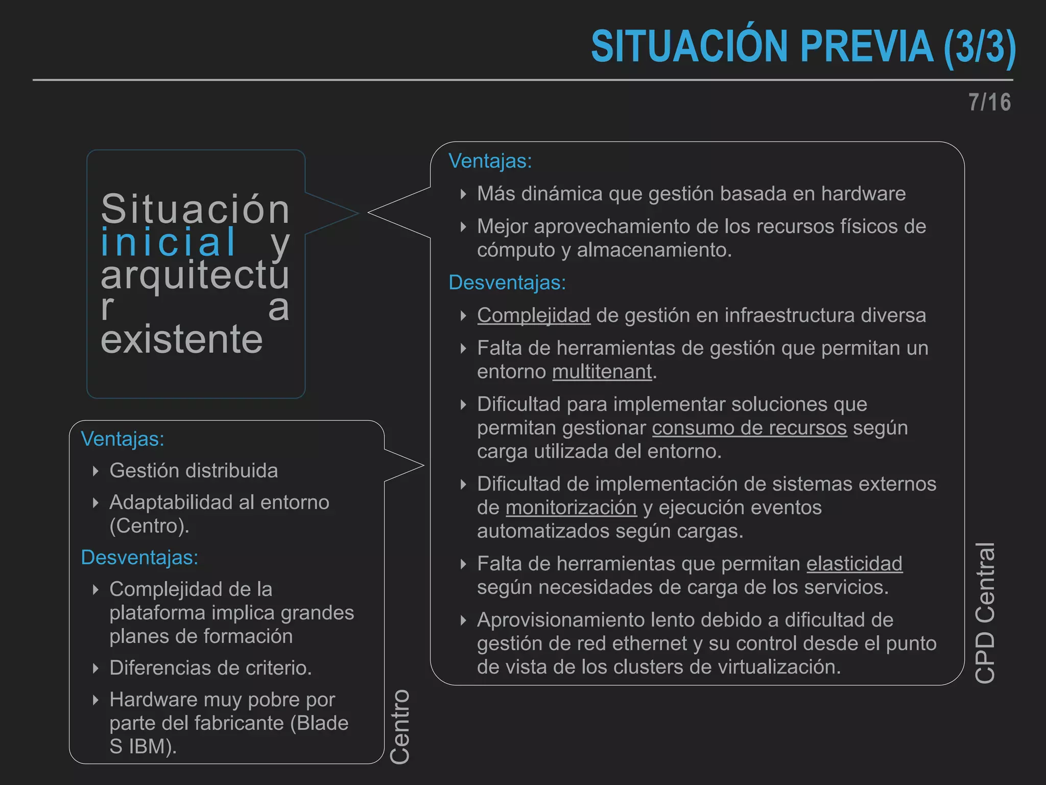 SITUACIÓN PREVIA (3/3)
Situación
inicial y
arquitectu
r a
existente
Ventajas:
‣ Más dinámica que gestión basada en hardware
‣ Mejor aprovechamiento de los recursos físicos de
cómputo y almacenamiento.
Desventajas:
‣ Complejidad de gestión en infraestructura diversa
‣ Falta de herramientas de gestión que permitan un
entorno multitenant.
‣ Dificultad para implementar soluciones que
permitan gestionar consumo de recursos según
carga utilizada del entorno.
‣ Dificultad de implementación de sistemas externos
de monitorización y ejecución eventos
automatizados según cargas.
‣ Falta de herramientas que permitan elasticidad
según necesidades de carga de los servicios.
‣ Aprovisionamiento lento debido a dificultad de
gestión de red ethernet y su control desde el punto
de vista de los clusters de virtualización.
Ventajas:
‣ Gestión distribuida
‣ Adaptabilidad al entorno
(Centro).
Desventajas:
‣ Complejidad de la
plataforma implica grandes
planes de formación
‣ Diferencias de criterio.
‣ Hardware muy pobre por
parte del fabricante (Blade
S IBM).
Centro
CPDCentral
7/16
 