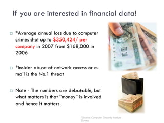 If you are interested in financial data!
4


       *Average annual loss due to computer
        crimes shot up to $350,4...