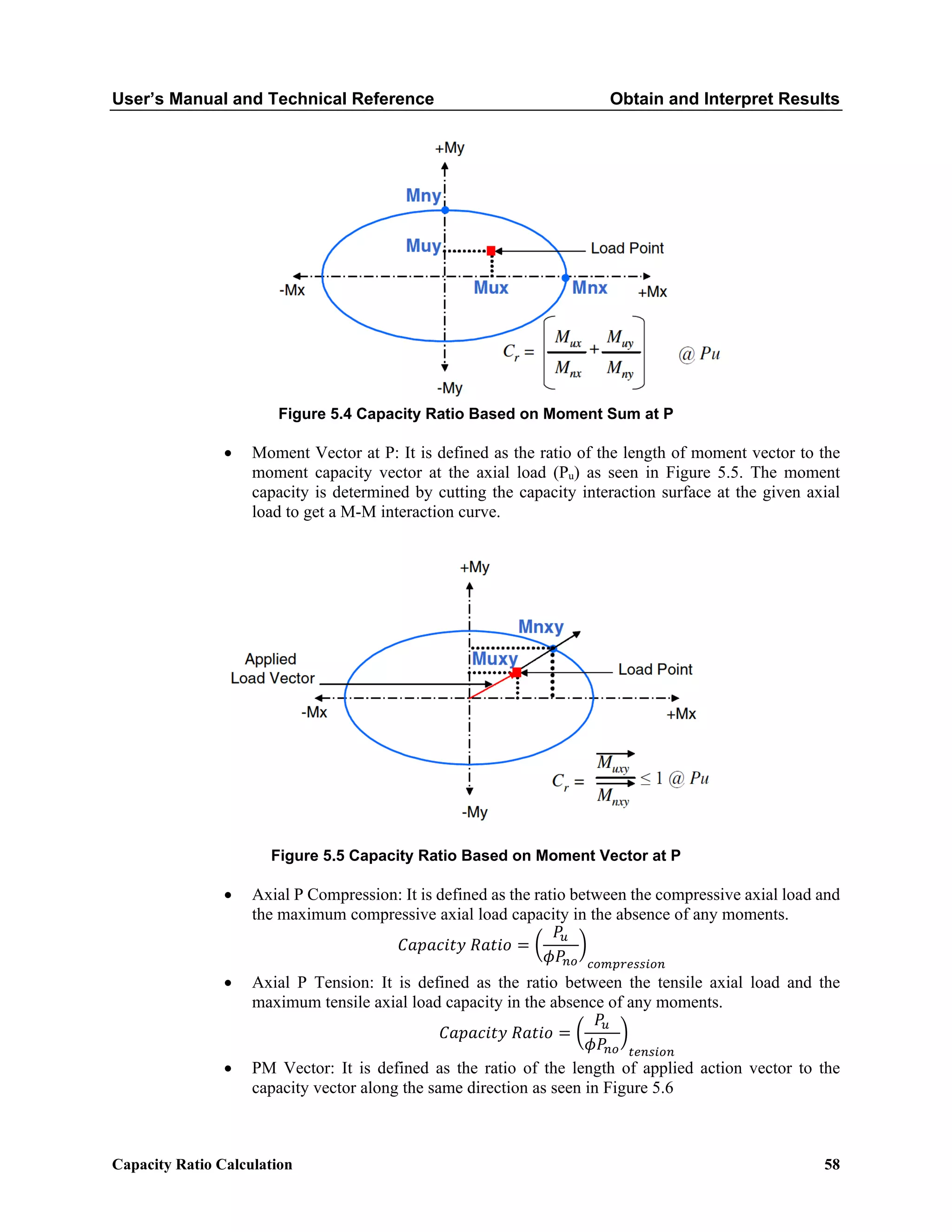 User’s Manual and Technical Reference Obtain and Interpret Results
Capacity Ratio Calculation 58
Figure 5.4 Capacity Ratio Based on Moment Sum at P
• Moment Vector at P: It is defined as the ratio of the length of moment vector to the
moment capacity vector at the axial load (Pu) as seen in Figure 5.5. The moment
capacity is determined by cutting the capacity interaction surface at the given axial
load to get a M-M interaction curve.
Figure 5.5 Capacity Ratio Based on Moment Vector at P
• Axial P Compression: It is defined as the ratio between the compressive axial load and
the maximum compressive axial load capacity in the absence of any moments.
𝐶𝐶𝐶𝐶𝐶𝐶𝐶𝐶𝐶𝐶𝐶𝐶𝐶𝐶𝐶𝐶 𝑅𝑅𝑎𝑎𝑎𝑎𝑎𝑎𝑎𝑎 = �
𝑃𝑃𝑢𝑢
𝜙𝜙𝑃𝑃𝑛𝑛𝑛𝑛
�
𝑐𝑐𝑐𝑐𝑐𝑐𝑐𝑐𝑐𝑐𝑐𝑐𝑐𝑐𝑐𝑐𝑐𝑐𝑐𝑐𝑐𝑐
• Axial P Tension: It is defined as the ratio between the tensile axial load and the
maximum tensile axial load capacity in the absence of any moments.
𝐶𝐶𝐶𝐶𝐶𝐶𝐶𝐶𝐶𝐶𝐶𝐶𝐶𝐶𝐶𝐶 𝑅𝑅𝑅𝑅𝑅𝑅𝑅𝑅𝑅𝑅 = �
𝑃𝑃𝑢𝑢
𝜙𝜙𝑃𝑃𝑛𝑛𝑛𝑛
�
𝑡𝑡𝑡𝑡𝑡𝑡𝑡𝑡𝑡𝑡𝑡𝑡𝑡𝑡
• PM Vector: It is defined as the ratio of the length of applied action vector to the
capacity vector along the same direction as seen in Figure 5.6
 