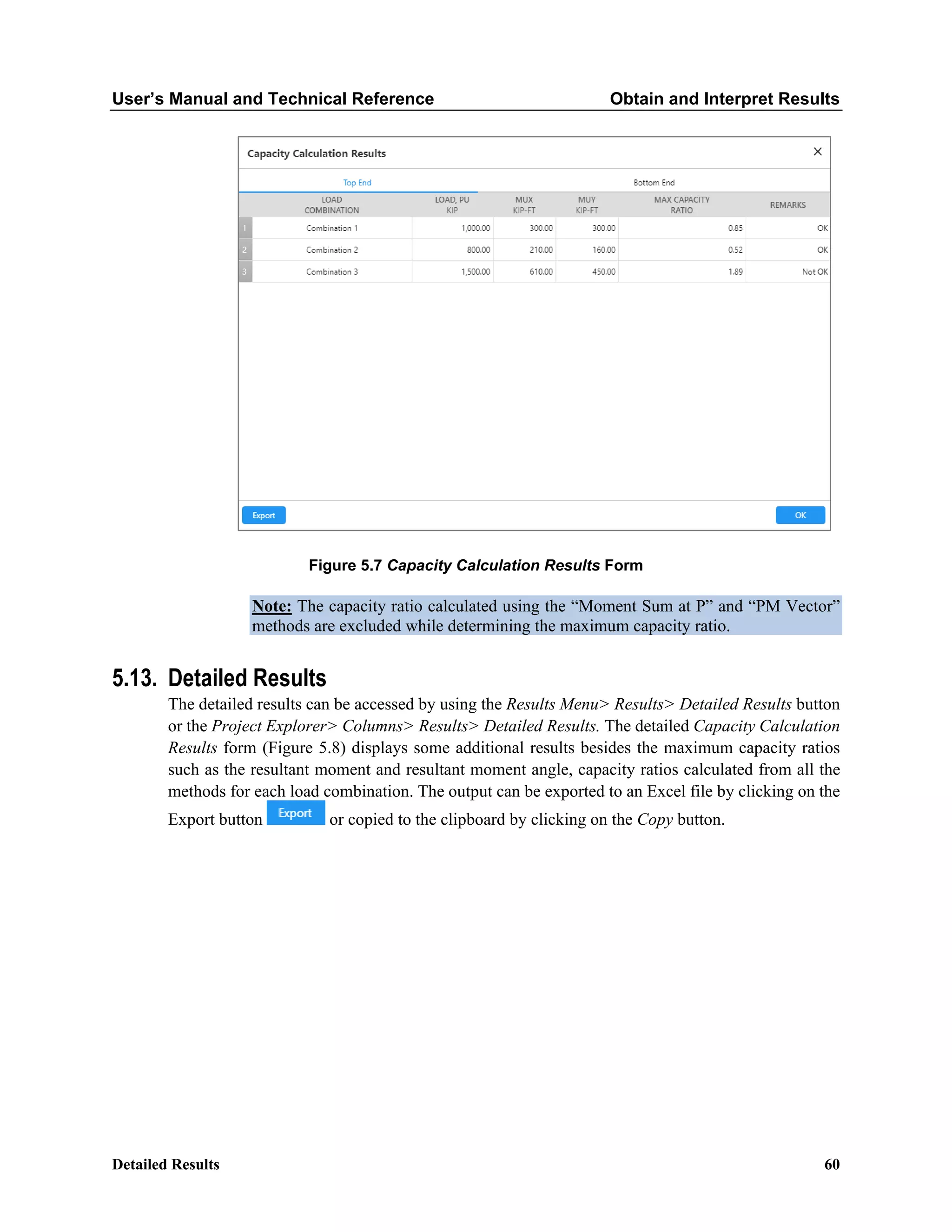 User’s Manual and Technical Reference Obtain and Interpret Results
Detailed Results 60
Figure 5.7 Capacity Calculation Results Form
Note: The capacity ratio calculated using the “Moment Sum at P” and “PM Vector”
methods are excluded while determining the maximum capacity ratio.
5.13. Detailed Results
The detailed results can be accessed by using the Results Menu> Results> Detailed Results button
or the Project Explorer> Columns> Results> Detailed Results. The detailed Capacity Calculation
Results form (Figure 5.8) displays some additional results besides the maximum capacity ratios
such as the resultant moment and resultant moment angle, capacity ratios calculated from all the
methods for each load combination. The output can be exported to an Excel file by clicking on the
Export button or copied to the clipboard by clicking on the Copy button.
 