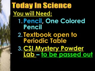 You will Need:
1.Pencil, One Colored
Pencil
2.Textbook open to
Periodic Table
3.CSI Mystery Powder
Lab – to be passed out
 