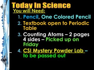 You will Need:
1. Pencil, One Colored Pencil
2. Textbook open to Periodic
Table
3. Counting Atoms – 2 pages
4 sides – Picked up on
Friday
4. CSI Mystery Powder Lab –
to be passed out

 