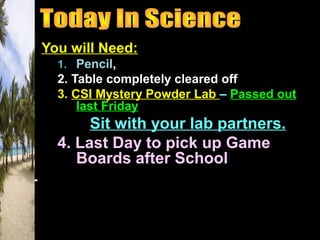 You will Need:
1. Pencil,
2. Table completely cleared off
3. CSI Mystery Powder Lab – Passed out
last Friday
Sit with your lab partners.
4. Last Day to pick up Game
Boards after School
 