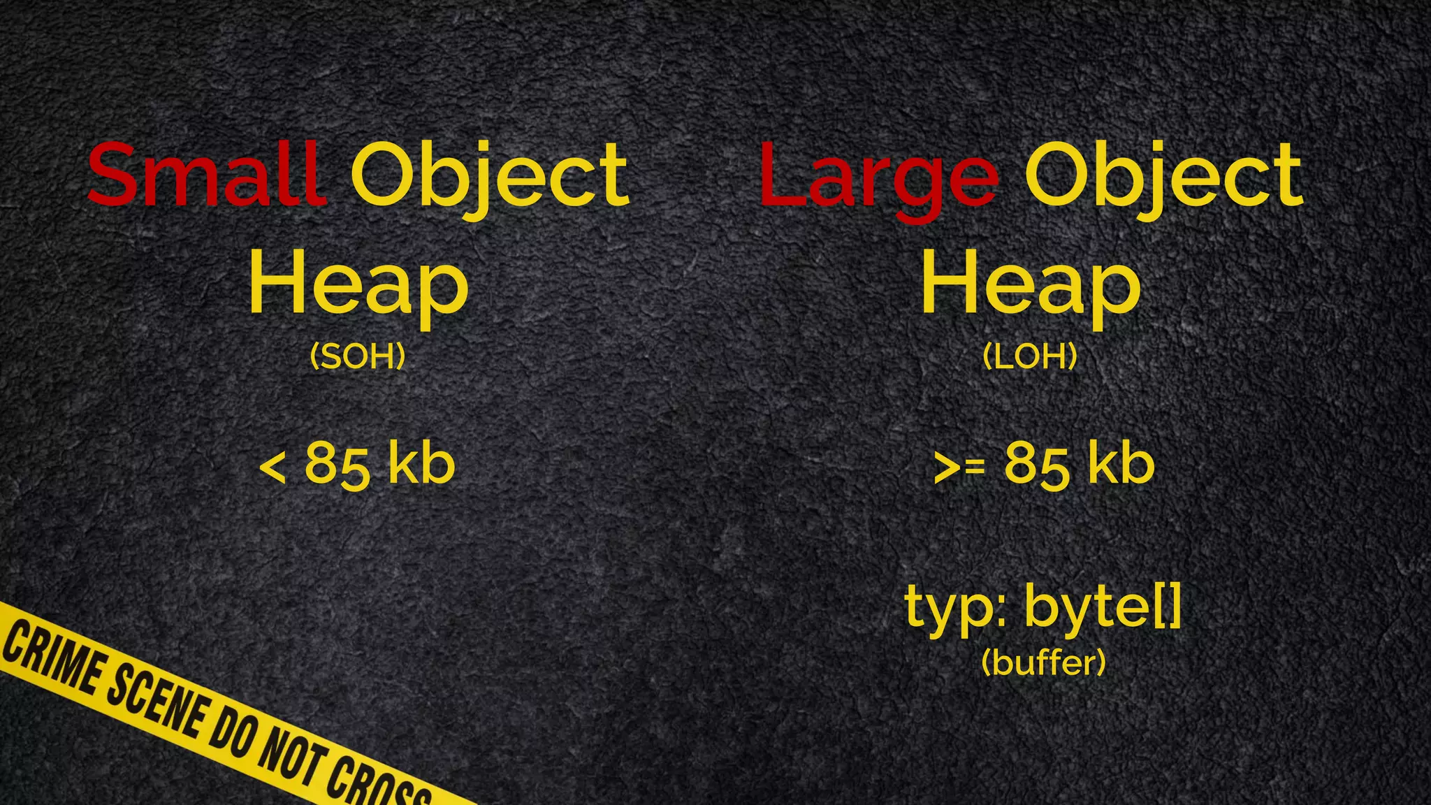 Small Object Heap (SOH) Large Object Heap (LOH) >= 85 kb typ: byte[] (buffer) < 85 kb 