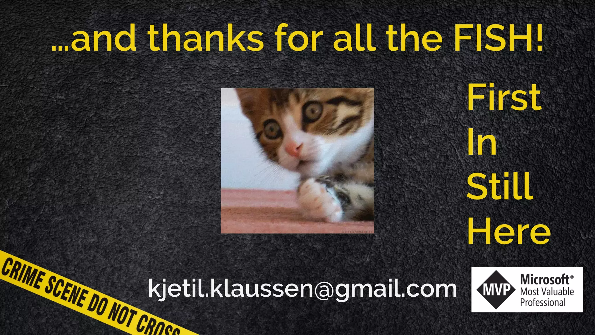 …and thanks for all the FISH! kjetil.klaussen@gmail.com First In Still Here 