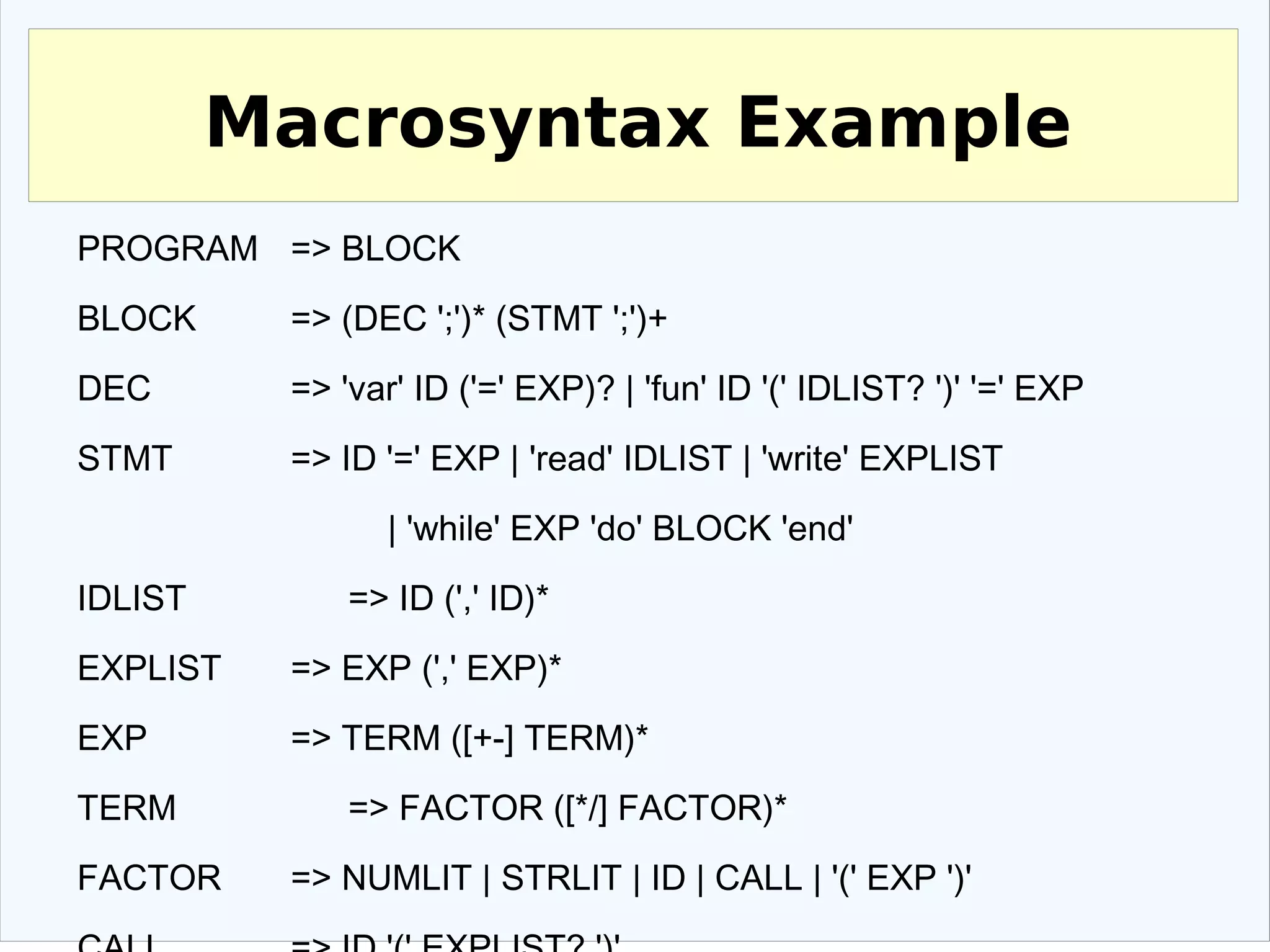 be used as input to a parser generator Formalism must also be understandable to users of existing notations so we're basically using EBNF 