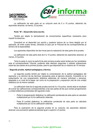 12
La calificación de esta parte en su conjunto será de 0 a 10 puntos, debiendo los
aspirantes alcanzar, al menos, 2,5 puntos.
Parte “B”.- Desarrollo tema escrito.
Tendrá por objeto la demostración de conocimientos específicos necesarios para
impartir la docencia.
Consistirá en el desarrollo por escrito y posterior lectura de un tema elegido por el
aspirante, de entre cuatro temas, extraídos al azar por el Tribunal de los correspondientes al
temario de la especialidad.
Los aspirantes dispondrán de dos horas para la realización de esta parte de la prueba.
La calificación de esta parte será de 0 a 10 puntos, debiendo los aspirantes alcanzar, al
menos, 2,5 puntos.
Tanto la parte A como la parte B de esta primera prueba serán leídas por los candidatos
ante el correspondiente Tribunal, pudiendo éste efectuar preguntas o solicitar aclaraciones
sobre las dos partes de la primera prueba, para lo que dispondrá de un máximo de 15 minutos.
- Segunda prueba. Aptitud pedagógica y técnica.
La segunda prueba tendrá por objeto la comprobación de la aptitud pedagógica del
aspirante y su dominio de las técnicas necesarias para el ejercicio docente. Consistirá en la
presentación de una programación didáctica elaborada de manera individual y personal,
adaptada a un nivel de la etapa, así como en la preparación y exposición oral de una unidad
didáctica con el mismo carácter.
La calificación total de la segunda prueba será de 0 a 10 puntos, siendo ésta el resultado
de sumar las calificaciones correspondientes a las dos partes de las que consta (programación
y unidad didáctica) ponderadas del siguiente modo:
- Parte A (programación didáctica): la calificación ponderada de esta parte se calculará
multiplicando por 0,4 la calificación obtenida.
- Parte B (unidad didáctica): la calificación ponderada de esta parte se calculará
multiplicando por 0,6 la calificación obtenida.
Para la superación de la segunda prueba en su conjunto, los aspirantes deberán
alcanzar una puntuación global ponderada igual o superior a 5 puntos.
Síguenos en Twitter: @CSIFenseA
 
