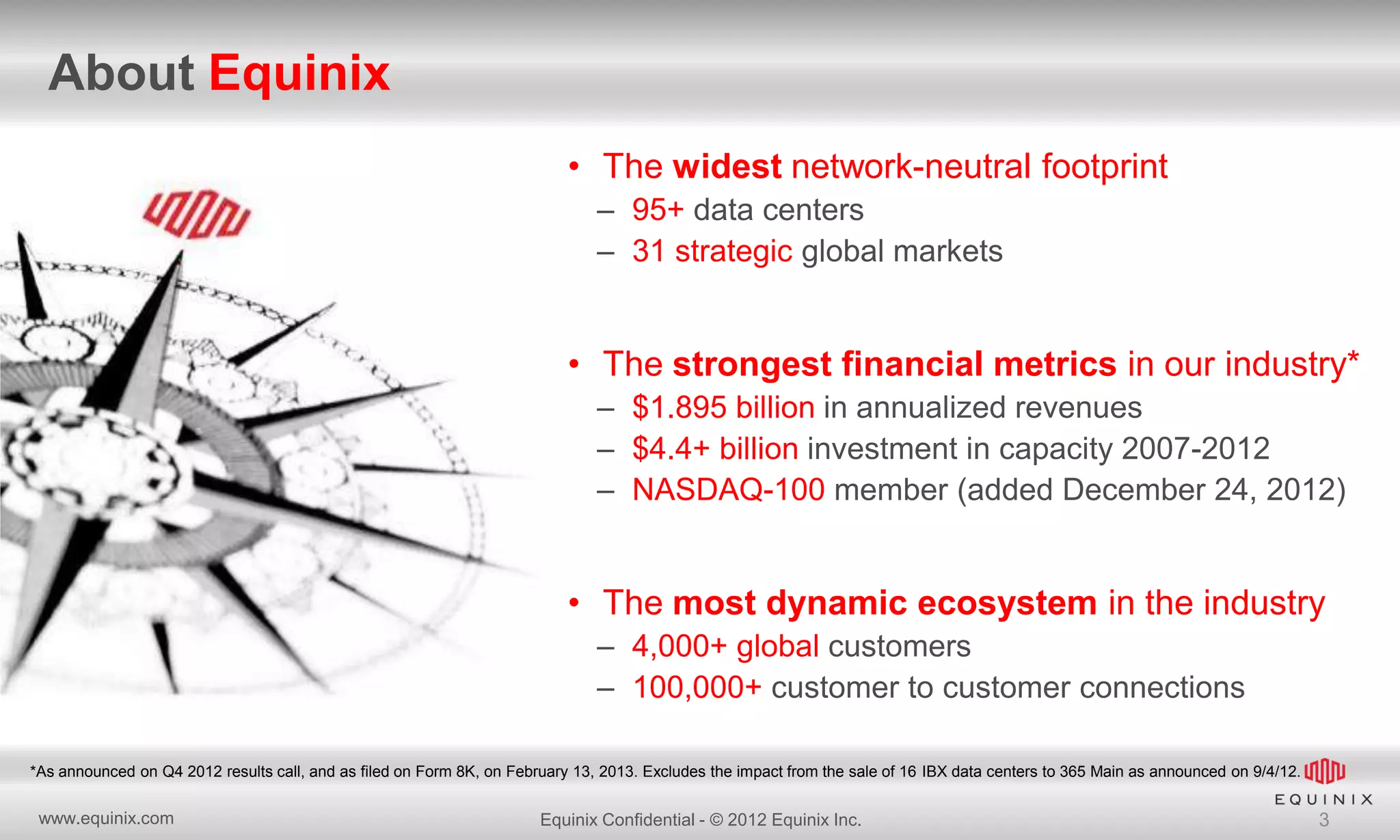 About Equinix
• The widest network-neutral footprint
– 95+ data centers
– 31 strategic global markets

• The strongest financial metrics in our industry*
– $1.895 billion in annualized revenues
– $4.4+ billion investment in capacity 2007-2012
– NASDAQ-100 member (added December 24, 2012)

• The most dynamic ecosystem in the industry
– 4,000+ global customers
– 100,000+ customer to customer connections
*As announced on Q4 2012 results call, and as filed on Form 8K, on February 13, 2013. Excludes the impact from the sale of 16 IBX data centers to 365 Main as announced on 9/4/12.

www.equinix.com

Equinix Confidential - © 2012 Equinix Inc.

3

 