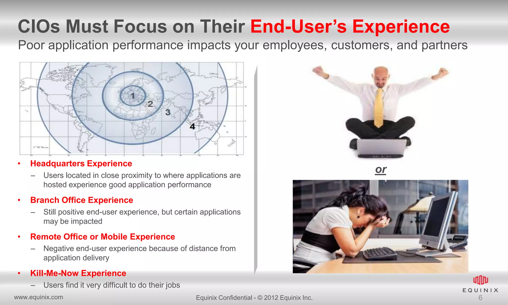 CIOs Must Focus on Their End-User’s Experience
Poor application performance impacts your employees, customers, and partners

•

Headquarters Experience
–

•

Still positive end-user experience, but certain applications
may be impacted

Remote Office or Mobile Experience
–

•

or

Branch Office Experience
–

•

Users located in close proximity to where applications are
hosted experience good application performance

Negative end-user experience because of distance from
application delivery

Kill-Me-Now Experience
–

Users find it very difficult to do their jobs

www.equinix.com

Equinix Confidential - © 2012 Equinix Inc.

6

 