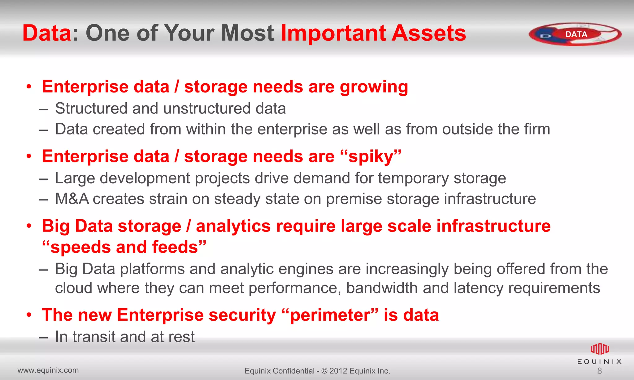 Data: One of Your Most Important Assets

DATA

• Enterprise data / storage needs are growing
– Structured and unstructured data
– Data created from within the enterprise as well as from outside the firm

• Enterprise data / storage needs are “spiky”
– Large development projects drive demand for temporary storage
– M&A creates strain on steady state on premise storage infrastructure

• Big Data storage / analytics require large scale infrastructure
“speeds and feeds”
– Big Data platforms and analytic engines are increasingly being offered from the
cloud where they can meet performance, bandwidth and latency requirements

• The new Enterprise security “perimeter” is data
– In transit and at rest
www.equinix.com

Equinix Confidential - © 2012 Equinix Inc.

8

 