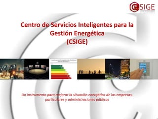 Centro de Servicios Inteligentes para la 
Gestión Energética 
(CSIGE) 
Un instrumento para mejorar la situación energética de las empresas, 
particulares y administraciones públicas 
 