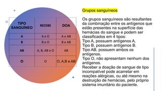 Grupos sanguíneos
Os grupos sanguíneos são resultantes
da combinação entre os antígenos que
estão presentes na superfície das
hemácias do sangue e podem ser
classificados em 4 tipos:
Tipo A, possuem antígenos A.
Tipo B, possuem antígenos B.
Tipo AB, possuem ambos os
antígenos.
Tipo O, não apresentam nenhum dos
antígenos.
Receber a doação de sangue de tipo
incompatível pode acarretar em
reações alérgicas, ou até mesmo na
destruição de hemácias, pelo próprio
sistema imunitário do paciente.
TIPO
SANGUÍNEO
RECEBE DOA
A A e O A e AB
B B e O B e AB
AB A, B, AB e O AB
O O O, A,B e AB
 
