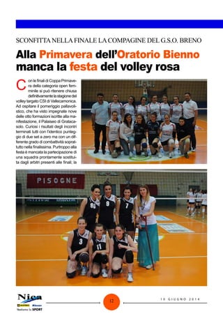 12 1 0 G I U G N O 2 0 1 4
Alla Primavera dell’Oratorio Bienno
manca la festa del volley rosa
SCONFITTANELLAFINALE LACOMPAGINE DEL G.S.O. BRENO
onlefinali diCoppaPrimave-
ra della categoria open fem-
minile si può ritenere chiusa
definitivamentelastagionedel
volley targato CSI di Vallecamonica.
Ad ospitare il pomeriggio pallavoli-
stico, che ha visto impegnate nove
delle otto formazioni iscritte alla ma-
nifestazione, il Palaiseo di Grataca-
solo. Curiosi i risultati degli incontri
terminati tutti con l’identico punteg-
gio di due set a zero ma con un dif-
ferente grado di combattività soprat-
tutto nella finalissima. Purtroppo alla
festa è mancata la partecipazione di
una squadra prontamente sostitui-
ta dagli arbitri presenti alle finali; la
C
 