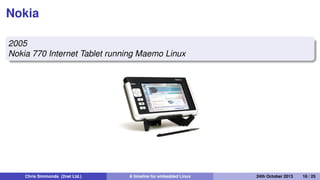 Motorola handsets
2003
Motorola A 760 handset (MontaVista Linux)
Chris Simmonds (2net Ltd.) A timeline for embedded Linux 30th April 2014 16 / 26
 