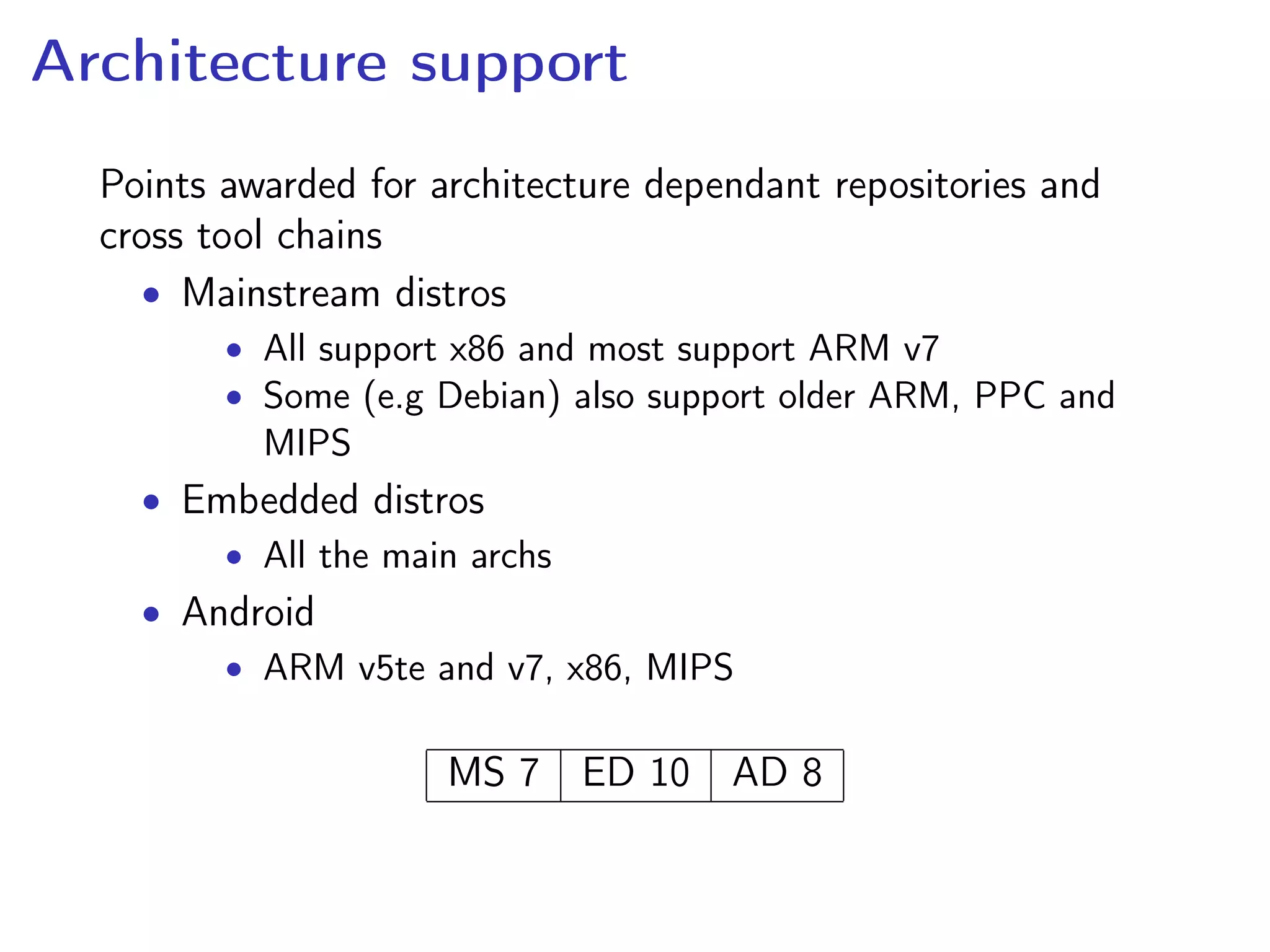 Architecture support
Points awarded for architecture dependant repositories and
cross tool chains
• Mainstream distros
• All support x86 and most support ARM v7
• Some (e.g Debian) also support older ARM, PPC and
MIPS
• Embedded distros
• All the main archs
• Android
• ARM v5te and v7, x86, MIPS
MS 7 ED 10 AD 8
 