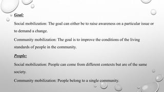 Goal:
Social mobilization: The goal can either be to raise awareness on a particular issue or
to demand a change.
Community mobilization: The goal is to improve the conditions of the living
standards of people in the community.
People:
Social mobilization: People can come from different contexts but are of the same
society.
Community mobilization: People belong to a single community.
 