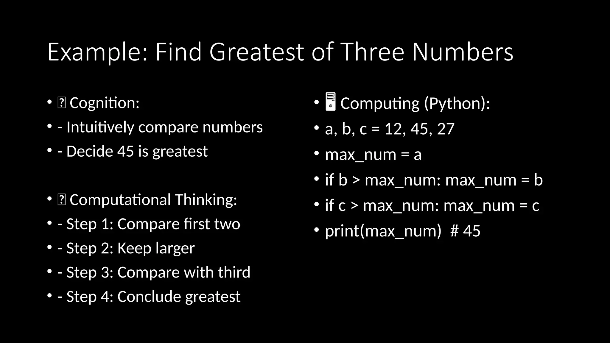 Example: Find Greatest of Three Numbers
• 🧠 Cognition:
• - Intuitively compare numbers
• - Decide 45 is greatest
• 🧩 Computational Thinking:
• - Step 1: Compare first two
• - Step 2: Keep larger
• - Step 3: Compare with third
• - Step 4: Conclude greatest
• 🖥️Computing (Python):
• a, b, c = 12, 45, 27
• max_num = a
• if b > max_num: max_num = b
• if c > max_num: max_num = c
• print(max_num) # 45
 