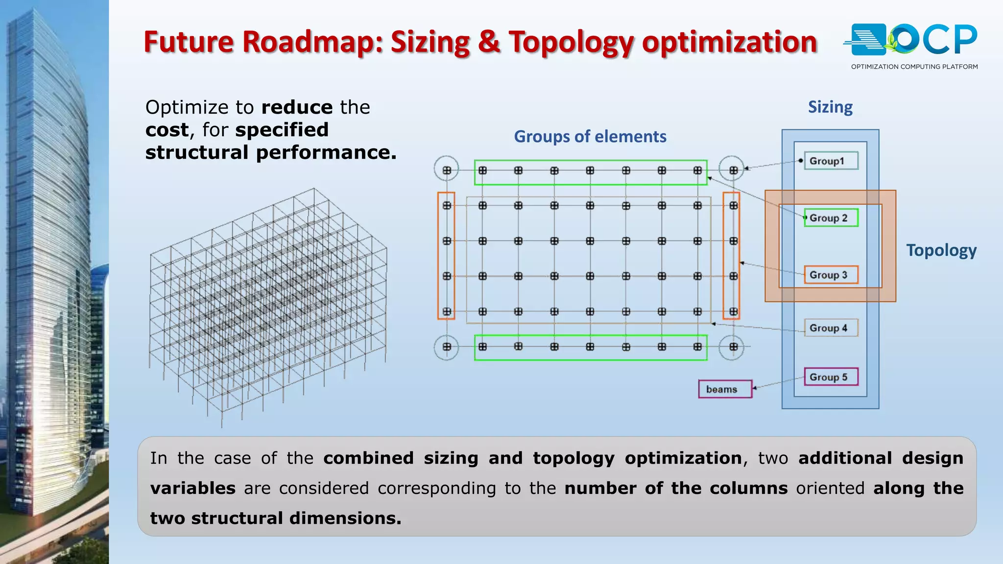 Future Roadmap: Sizing & Topology optimization
In the case of the combined sizing and topology optimization, two additional design
variables are considered corresponding to the number of the columns oriented along the
two structural dimensions.
Sizing
Topology
Groups of elements
Optimize to reduce the
cost, for specified
structural performance.
 