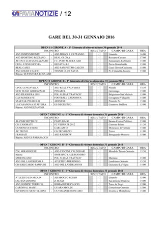 / 12
GARE DEL 30-31 GENNAIO 2016
OPEN 11 GIRONE A - 1° Giornata di ritorno sabato 30 gennaio 2016
INCONTRO RISULTATO CAMPO DI GARA ORA
ASD INDIPENDIENTE - ASD MOGGI E CATTANEO - Linarolo 16.00
ASD SPORTING ROZZANO - REAL OLONA - Rozzano-Carraro 17:00
AC ENI CLUB SANNAZZARO - F.C. PORTALBERA ASD - Sannazzaro-Raffinerie 15:00
CRAL ATENEO PAVIA - REDAVALLE - Pavia-Montebaldo 15:00
REAL CASEI - ASD SAN PIETRO CALCIO - Casei Gerola-Cucinotta 15:00
ASD GHIAIE CALCIO - TENNIS CLUB PAVIA - Pv-Cittadella Azzurra 15:00
Riposa: SS PANTERA ROSA ASD
OPEN 11 GIRONE B - 1° Giornata di ritorno domenica 31 gennaio 2016
INCONTRO RISULTATO CAMPO DI GARA ORA
UPOL LUNGAVILLA - ASD REAL VALVERSA - Pizzale 15:30
NEW TEAM GERENZAGO - PENAROL - Gerenzago 15.00
ASD FILIGHERA 1995 - POL AUDAX TRAVACO' - Belgioioso-San Michele 15.00
CAVAGNERA FC - FOOTBALL CASANOVA - Cavagnera-Vidigulfo 15.00
SPARTAK PINAROLO - ARENESE - Pinarolo Po 15.00
US CASANOVA STAFFORA - GS NEGRUZZO - Casanova Staffora 15.00
Riposa: ASD MEZZANINO
OPEN 7 GIRONE A - 1° Giornata di ritorno domenica 31 gennaio 2016
INCONTRO RISULTATO CAMPO DI GARA ORA
AL PARCHETTO FC - PASTURAGO - Besate-Centro Polifunz. 15:00
CSI CASORATE - FC VERNATE 2012 - Casorate Primo 11.30
GS MONCUCCHESE - GARLASCO - Moncucco di Vernate 15.00
AC TROVO - CG TRIVOLZIO - Trovo 11.00
FRASSATI - ASD RAINBOW - Bereguardo-Oratorio 15:00
Riposa: ASD US PARASACCO
OPEN 7 GIRONE B - 1° Giornata di ritorno domenica 31 gennaio 2016
INCONTRO RISULTATO CAMPO DI GARA ORA
POL MIRADOLESE - ASD CASCINE CALDERARI - Miradolo Terme-Oratorio 15.30
Riposa - SPORTING S.ALESSANDRO -
SPORTSLAND - POL AUDAX TRAVACO' - Marzano 15:00
ASD OSL LANDRIANO A - ATLETICO MIRADOLO - Landriano-Oratorio 15:30
OR S.RICCARDO PAMPURI - ASD OSL LANDRIANO B - Guinzano-La Vigna 15.00
OPEN 7 GIRONE C - 1° Giornata di ritorno domenica 31 gennaio 2016
INCONTRO RISULTATO CAMPO DI GARA ORA
ATLETICO LINAROLO - AD SBOCCO ROSSO - Linarolo 15:00
CSL SAN ZENONE - Z-TEAM - San Zenone-Oratorio 15.00
ASD OLIMPIC TORRE 91 - ROMAGNESE CALCIO - Torre de Negri 15.00
CARDINAL MAFFI - US ARNABOLDI - Corteolona-Oratorio 15.00
INVERNO E MONTELEONE - US VOLANTE RONCARO - Inverno e Monteleone 15.00
 