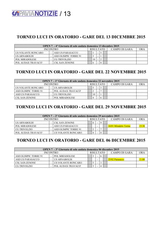 / 13
TORNEO LUCI IN ORATORIO - GARE DEL 13 DICEMBRE 2015
OPEN 7 - 4° Giornata di solo andata domenica 13 dicembre 2015
INCONTRO RISULTATO CAMPO DI GARA ORA
US VOLANTE RONCARO - ASD US PARASACCO 1 - 5
US ARNABOLDI - ASD OLIMPIC TORRE 91 3 - 1
POL MIRADOLESE - CG TRIVOLZIO 10 - 2
POL AUDAX TRAVACO' - CSL SAN ZENONE 6 - 0
TORNEO LUCI IN ORATORIO - GARE DEL 22 NOVEMBRE 2015
OPEN 7 - 1° Giornata di solo andata domenica 22 novembre 2015
INCONTRO RISULTATO CAMPO DI GARA ORA
US VOLANTE RONCARO - US ARNABOLDI 5 - 3
ASD OLIMPIC TORRE 91 - POL AUDAX TRAVACO' 2 - 7
ASD US PARASACCO - CG TRIVOLZIO 10 - 1
CSL SAN ZENONE - POL MIRADOLESE 4 - 6
TORNEO LUCI IN ORATORIO - GARE DEL 29 NOVEMBRE 2015
OPEN 7 - 2° Giornata di solo andata domenica 29 novembre 2015
INCONTRO RISULTATO CAMPO DI GARA ORA
US ARNABOLDI - CSL SAN ZENONE 0 - 9
POL MIRADOLESE - ASD US PARASACCO - 24/01 Miradolo Terme 15:30
CG TRIVOLZIO - ASD OLIMPIC TORRE 91 2 - 7
POL AUDAX TRAVACO' - US VOLANTE RONCARO 8 - 0
TORNEO LUCI IN ORATORIO - GARE DEL 06 DICEMBRE 2015
OPEN 7 - 3° Giornata di solo andata domenica 06 dicembre 2015
INCONTRO RISULTATO CAMPO DI GARA ORA
ASD OLIMPIC TORRE 91 - POL MIRADOLESE 3 - 6
ASD US PARASACCO - US ARNABOLDI - 25/02 Parasacco 21:00
CSL SAN ZENONE - US VOLANTE RONCARO 5 - 3
CG TRIVOLZIO - POL AUDAX TRAVACO' 3 - 4
 
