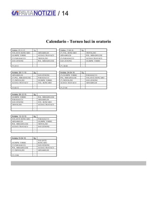/ 14
Calendario - Torneo luci in oratorio
Andata: 22-11-15 1g. Andata: 17-04-16 6g.
VOLANTE RONCARO - ARNABOLDI (*) VOL. RONCARO - TRIVOLZIO
OLIMPIC TORRE - AUDAX TRAVACO ARNABOLDI - POL. MIRADOLESE
(*) PARASACCO - TRIVOLZIO (*) PARASACCO - AUDAX TRAVACO
SAN ZENONE - POL. MIRADOLESE SAN ZENONE - OLIMPIC TORRE
- -
(*) 25/11 - (*) 20-04 -
Andata: 29-11-15 2g. Andata: 24-04-16 7g.
ARNABOLDI - SAN ZENONE (*) OLIMPIC TORRE - PARASACCO
(*) POL. MIRADOLESE - PARASACCO POL. MIRADOLESE - VOLANTE RONCARO
(*) TRIVOLZIO - OLIMPIC TORRE (*) TRIVOLZIO - SAN ZENONE
AUDAX TRAVACO - VOL. RONCARO AUDAX TRAVACO - ARNABOLDI
- -
(*) 02/12 - (*) 27-04 -
Andata: 06-12-15 3g.
OLIMPIC TORRE - POL. MIRADOLESE
PARASACCO - ARNABOLDI
SAN ZENONE - VOL. RONCARO
TRIVOLZIO - AUDAX TRAVACO
-
-
Andata: 13-12-15 4g.
VOLANTE RONCARO - PARASACCO
ARNABOLDI - OLIMPIC TORRE
POL. MIRADOLESE - TRIVOLZIO
AUDAX TRAVACO - SAN ZENONE
-
-
Andata:10-04-16 5g.
OLIMPIC TORRE -
VOLANTE
RONCARO
(*) PARASACCO - SAN ZENONE
POL. MIRADOLESE - AUDAX TRAVACO
(*) TRIVOLZIO - ARNABOLDI
-
(*) 13/04 -
 
