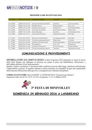/ 9
PROSSIME GARE DI GENNAIO 2016:
8 16047 MAR 19-01.16 21:30 S.angelo,pal.ist.pandini New Sport Iene Volley Corteolona
10 16055 MAR 12-01-16 21:30 Travacò Siccomario,pal.scuole M. Ads Kalos Universo In Volley
10 16056 DOM 17-01-16 21:00 Miradolo Pal.com. Polisp.miradolese Fun - Cool
10 16057 DOM 17-01-16 21:00 Corteolona, Pal.comunale Dinamik Iene Asd S.luigi Landriano
10 16058 SAB 16-01-16 21:00 Corteolona, Pal.comunale Iene Volley Corteolona Manzo Team
10 16059 DOM 17-01-16 21:00 Pavia, Palacampus Cus Pavia Us Sanmaurense Pavia
10 16060 MER 13-01-16 21:15 Torrevecchia Pia Pal.com Sporting Torrevecchia New Sport
11 16061 LUN 18-01-16 21:00 Pavia,pal. Via Folla Di Sopra Us Sanmaurense Pavia New Sport
11 16062 LUN 18-01-16 21:00 Travacò Siccomario,pal.scuole M. Manzo Team Cus Pavia
11 16063 VEN 22-01-16 21:00 Landriano, Pal.oratorio S.luigi Asd S.luigi Landriano Iene Volley Corteolona
11 16064 DOM 24-01-16 19:00 Pavia,palatreves Fun - Cool Dinamik Iene
11 16065 DOM 24-01-16 21:00 Carbonara Ticino,pal.com. Universo In Volley Polisp.miradolese
11 16066 MAR 19-01-16 21:30 Travacò Siccomario,pal.scuole M. Ads Kalos Sporting Torrevecchia
COMUNICAZIONI E PROVVEDIMENTI
DEFIBRILLATORI SUI CAMPI DI GIOCO: in data 16 gennaio 2016 entreranno in vigore le norme
dello Stato Italiano che obbligano la presenza sui campi di gioco del defibrillatore, funzionante, e
dell’addetto abilitato al loro funzionamento.
Qualora l’arbitro riscontrasse l’inesistenza delle condizioni previste dalla legge, dichiarerà ufficialmente
l’impossibilità a giocare; la squadra ospitante o prima nominata sul calendario di gara sarà responsabile
della mancata effettuazione della gara con i conseguenti provvedimenti disciplinari.
CORSO ALLENATORI: inizio LUNEDI’ 11 GENNAIO 2016 “Conoscere per allenare”.
Seguiranno nelle sere di 18, 19, 21, 25, 26 e 28 gennaio; 1, 8 e 15 febbraio 2016.
3° FESTA DI MINIVOLLEY
DOMENICA 24 GENNAIO 2016 A LANDRIANO
 