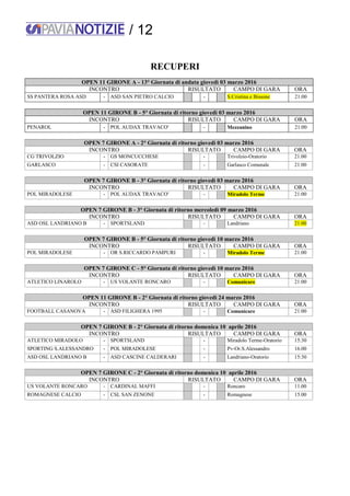 / 12
RECUPERI
OPEN 11 GIRONE A - 13° Giornata di andata giovedì 03 marzo 2016
INCONTRO RISULTATO CAMPO DI GARA ORA
SS PANTERA ROSA ASD - ASD SAN PIETRO CALCIO - S.Cristina e Bissone 21:00
OPEN 11 GIRONE B - 5° Giornata di ritorno giovedì 03 marzo 2016
INCONTRO RISULTATO CAMPO DI GARA ORA
PENAROL - POL AUDAX TRAVACO' - Mezzanino 21:00
OPEN 7 GIRONE A - 2° Giornata di ritorno giovedì 03 marzo 2016
INCONTRO RISULTATO CAMPO DI GARA ORA
CG TRIVOLZIO - GS MONCUCCHESE - Trivolzio-Oratorio 21:00
GARLASCO - CSI CASORATE - Garlasco Comunale 21:00
OPEN 7 GIRONE B - 3° Giornata di ritorno giovedì 03 marzo 2016
INCONTRO RISULTATO CAMPO DI GARA ORA
POL MIRADOLESE - POL AUDAX TRAVACO' - Miradolo Terme 21:00
OPEN 7 GIRONE B - 3° Giornata di ritorno mercoledì 09 marzo 2016
INCONTRO RISULTATO CAMPO DI GARA ORA
ASD OSL LANDRIANO B - SPORTSLAND - Landriano 21:00
OPEN 7 GIRONE B - 5° Giornata di ritorno giovedì 10 marzo 2016
INCONTRO RISULTATO CAMPO DI GARA ORA
POL MIRADOLESE - OR S.RICCARDO PAMPURI - Miradolo Terme 21:00
OPEN 7 GIRONE C - 5° Giornata di ritorno giovedì 10 marzo 2016
INCONTRO RISULTATO CAMPO DI GARA ORA
ATLETICO LINAROLO - US VOLANTE RONCARO - Comunicare 21:00
OPEN 11 GIRONE B - 2° Giornata di ritorno giovedì 24 marzo 2016
INCONTRO RISULTATO CAMPO DI GARA ORA
FOOTBALL CASANOVA - ASD FILIGHERA 1995 - Comunicare 21:00
OPEN 7 GIRONE B - 2° Giornata di ritorno domenica 10 aprile 2016
INCONTRO RISULTATO CAMPO DI GARA ORA
ATLETICO MIRADOLO - SPORTSLAND - Miradolo Terme-Oratorio 15:30
SPORTING S.ALESSANDRO - POL MIRADOLESE - Pv-Or.S.Alessandro 16.00
ASD OSL LANDRIANO B - ASD CASCINE CALDERARI - Landriano-Oratorio 15:30
OPEN 7 GIRONE C - 2° Giornata di ritorno domenica 10 aprile 2016
INCONTRO RISULTATO CAMPO DI GARA ORA
US VOLANTE RONCARO - CARDINAL MAFFI - Roncaro 11.00
ROMAGNESE CALCIO - CSL SAN ZENONE - Romagnese 15.00
 