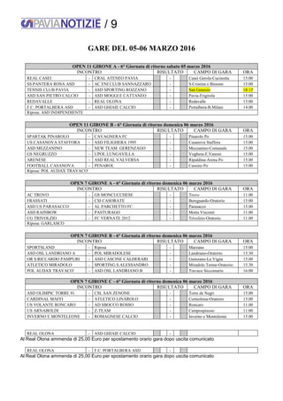 / 9
GARE DEL 05-06 MARZO 2016
OPEN 11 GIRONE A - 6° Giornata di ritorno sabato 05 marzo 2016
INCONTRO RISULTATO CAMPO DI GARA ORA
REAL CASEI - CRAL ATENEO PAVIA - Casei Gerola-Cucinotta 15:00
SS PANTERA ROSA ASD - AC ENI CLUB SANNAZZARO - S.Cristina e Bissone 15:00
TENNIS CLUB PAVIA - ASD SPORTING ROZZANO - San Genesio 18:15
ASD SAN PIETRO CALCIO - ASD MOGGI E CATTANEO - Pavia-Frigirola 15:00
REDAVALLE - REAL OLONA - Redavalle 15:00
F.C. PORTALBERA ASD - ASD GHIAIE CALCIO - Portalbera-B.Milani 14.00
Riposa: ASD INDIPENDIENTE
OPEN 11 GIRONE B - 6° Giornata di ritorno domenica 06 marzo 2016
INCONTRO RISULTATO CAMPO DI GARA ORA
SPARTAK PINAROLO - CAVAGNERA FC - Pinarolo Po 15.00
US CASANOVA STAFFORA - ASD FILIGHERA 1995 - Casanova Staffora 15.00
ASD MEZZANINO - NEW TEAM GERENZAGO - Mezzanino-Comunale 15.00
GS NEGRUZZO - UPOL LUNGAVILLA - Voghera-E.Vanoni 15.00
ARENESE - ASD REAL VALVERSA - Ripaldina-Arena Po 15.00
FOOTBALL CASANOVA - PENAROL - Cassino Po 15.00
Riposa: POL AUDAX TRAVACO'
OPEN 7 GIRONE A - 6° Giornata di ritorno domenica 06 marzo 2016
INCONTRO RISULTATO CAMPO DI GARA ORA
AC TROVO - GS MONCUCCHESE - Trovo 11.00
FRASSATI - CSI CASORATE - Bereguardo-Oratorio 15:00
ASD US PARASACCO - AL PARCHETTO FC - Parasacco 15.00
ASD RAINBOW - PASTURAGO - Motta Visconti 11.00
CG TRIVOLZIO - FC VERNATE 2012 - Trivolzio-Oratorio 11.00
Riposa: GARLASCO
OPEN 7 GIRONE B - 6° Giornata di ritorno domenica 06 marzo 2016
INCONTRO RISULTATO CAMPO DI GARA ORA
SPORTSLAND - Riposa - Marzano 15:00
ASD OSL LANDRIANO A - POL MIRADOLESE - Landriano-Oratorio 15:30
OR S.RICCARDO PAMPURI - ASD CASCINE CALDERARI - Guinzano-La Vigna 15.00
ATLETICO MIRADOLO - SPORTING S.ALESSANDRO - Miradolo Terme-Oratorio 15.30
POL AUDAX TRAVACO' - ASD OSL LANDRIANO B - Travaco Siccomario 16:00
OPEN 7 GIRONE C - 6° Giornata di ritorno domenica 06 marzo 2016
INCONTRO RISULTATO CAMPO DI GARA ORA
ASD OLIMPIC TORRE 91 - CSL SAN ZENONE - Torre de Negri 15.00
CARDINAL MAFFI - ATLETICO LINAROLO - Corteolona-Oratorio 15.00
US VOLANTE RONCARO - AD SBOCCO ROSSO - Roncaro 11.00
US ARNABOLDI - Z-TEAM - Campospinoso 11:00
INVERNO E MONTELEONE - ROMAGNESE CALCIO - Inverno e Monteleone 15.00
REAL OLONA - ASD GHIAIE CALCIO -
Al Real Olona ammenda di 25,00 Euro per spostamento orario gara dopo uscita comunicato
REAL OLONA - F.C. PORTALBERA ASD -
Al Real Olona ammenda di 25,00 Euro per spostamento orario gara dopo uscita comunicato
 