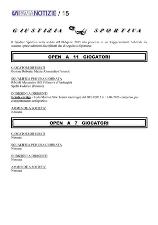 / 15
Il Giudice Sportivo nella seduta del 06Aprile 2015 alla presenza di un Rappresentante Arbitrale ha
assunto i provvedimenti disciplinari che di seguito si riportano:
OPEN A 11 GIOCATORI
GIOCATORI DIFFIDATI
Bertone Roberto, Mazza Alessandro (Penarol)
SQUALIFICA PER UNA GIORNATA
Riboldi Alessandro (GS Villanova d’Ardenghi)
Spelta Federico (Penarol)
INIBIZIONI A DIRIGENTI
Errata corrige - Testa Marco (New Team Gerenzago) dal 30/03/2015 al 12/04/2015 compreso, per
comportamento antisportivo
AMMENDE A SOCIETA’
Nessuna
OPEN A 7 GIOCATORI
GIOCATORI DIFFIDATI
Nessuno
SQUALIFICA PER UNA GIORNATA
Nessuno
INIBIZIONI A DIRIGENTI
Nessuna
AMMENDE A SOCIETA’
Nessuna
 