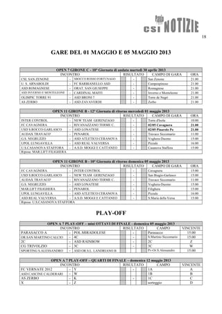 18
GARE DEL 01 MAGGIO E 05 MAGGIO 2013
OPEN 7 GIRONE C - 10° Giornata di andata martedì 30 aprile 2013
INCONTRO RISULTATO CAMPO DI GARA ORA
CSL SAN ZENONE - SBOCCO ROSSO FORTUNAGO - San Zenone 21.00
U. S. ARNABOLDI - FC BARBIANELLO ASD - Campospinoso 21.00
ASD ROMAGNESE - ORAT. SAN GIUSEPPE - Romagnese 21.00
ASD INVERNO E MONTELEONE - CARDINAL MAFFI - Inverno e Monteleone 21.00
OLIMPIC TORRE 91 - ASD BRONI 7 - Torre de Negri 21.00
AS ZERBO - ASD ZAVAVERDE - Zerbo 21.00
OPEN 11 GIRONE B - 12° Giornata di ritorno mercoledì 01 maggio 2013
INCONTRO RISULTATO CAMPO DI GARA ORA
INTER CONTROL - NEW TEAM GERENZAGO - Torre d'Isola 10:00
FC CAVAGNERA - RIVANAZZANO TERME C. - 02/05 Cavagnera 21.00
USD S.ROCCO GARLASCO - ASD LONATESE - 02/05 Pinarolo Po 21.00
AUDAX TRAVACO' - PENAROL - Travaco Siccomario 11:00
G.S. NEGRUZZO - ASD ATLETICO CERANOVA - Voghera-Duomo 15:00
UPOL LUNGAVILLA - ASD REAL VALVERSA - Pizzale 16:00
U.S.CASANOVA STAFFORA - A.S.D. MOGGI E CATTANEO - Casanova Staffora 15:00
Riposa: MAR.LIFT FILIGHERA
OPEN 11 GIRONE B - 10° Giornata di ritorno domenica 05 maggio 2013
INCONTRO RISULTATO CAMPO DI GARA ORA
FC CAVAGNERA - INTER CONTROL - Cavagnera 15:00
USD S.ROCCO GARLASCO - NEW TEAM GERENZAGO - San Biagio-Garlasco 15:00
AUDAX TRAVACO' - RIVANAZZANO TERME C. - Travaco Siccomario 11:00
G.S. NEGRUZZO - ASD LONATESE - Voghera-Duomo 15:00
MAR.LIFT FILIGHERA - PENAROL - Filighera 15:00
UPOL LUNGAVILLA - ASD ATLETICO CERANOVA - Pizzale 16:00
ASD REAL VALVERSA - A.S.D. MOGGI E CATTANEO - S.Maria della Versa 15:00
Riposa: U.S.CASANOVA STAFFORA
PLAY-OFF
OPEN A 7 PLAY-OFF – mini OTTAVI DI FINALE - domenica 05 maggio 2013
INCONTRO RISULTATO CAMPO VINCENTE
PARASACCO A - POL.MIRADOLESE - Parasacco 15.00
OR.SAN MARTINO CALCIO - 4C - S.Martino Siccomario 15.00
2C - ASD RAINBOW - 2C Z
CG TRIVOLZIO - 3C - 3C W
SPORTING S.ALESSANDRO - ASD OR.S.L. LANDRIANO B Pv-Or.S.Alessandro 15.00
OPEN A 7 PLAY-OFF – QUARTI DI FINALE – domenica 12 maggio 2013
INCONTRO RISULTATO CAMPO VINCENTE
FC VERNATE 2012 - Y - 1A A
ASD CASCINE CALDERARI - W 1B B
AS ZERBO - K - 1C C
X - Z sorteggio D
 