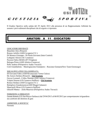22
Il Giudice Sportivo nella seduta del 29 Aprile 2013 alla presenza di un Rappresentante Arbitrale ha
assunto i provvedimenti disciplinari che di seguito si riportano:
AMATORI A 11 GIOCATORI
GIOCATORI DIFFIDATI
Bianchini Alex (Penarol)
Romeo Achille (ASD Cavagnera F.C.)
Di Monaco Giuseppe - Di Paola Giovanni (Inter Control)
Lodigiani Alessio (AC Lonatese)
Pezzoni Fabio (MAR.LIFT Filighera)
Bologna Pietro (ASD Atletico Ceranova)
Pelle Andrea (Polisportiva Audax Travacò)
Cerri Giambattista – Mastrogiacomo Giampiero – Rusciano Gennaro(New Team Gerenzago)
SQUALIFICA PER UNA GIORNATA
Di Giovanni Fabio (ASD Rivanazzano Terme Calcio)
De Amicis Stefano (Penarol) – Già Scontata
Gavoci Leonard - Celiku Xhulian (ASD Atletico Ceranova)
Volpini Simone (US Casanova Staffora) – Già Scontata
Romeo Stefano (ASD Cavagnera F.C.)
Bottigliero Giandomenico(ASD Moggi-Cattaneo)
Mancinelli Mizar (US Casanova Staffora)
Ghisolfi Matteo – Zella Maurizio (Polisportiva Audax Travacò)
INIBIZIONI A DIRIGENTI
Cereda Roberto (US San Rocco Garlasco) dal 29/04/2013 al 06/05/2013 per comportamento irriguardoso
nei confronti del direttore di gara
AMMENDE A SOCIETA’
Nessuna
 