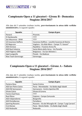/ 10
Campionato Open a 11 giocatori - Girone B - Domenica
Stagione 2016/2017
Alla data del 5 settembre risultano iscritte, provvisoriamente in attesa delle verifiche
amministrative, le seguenti squadre:
Squadre Campo di gara
Penarol Pinarolo
FC Barbianello ????
San Maurense - SPAR ????
US Casanova Staffora Casanova Staffora - Località Casanova di Destra
GS Negruzzo Voghera - Via Aldo Moro - Campo “E. Vanoni”
ASD Arenese Ripaldina - Frazione Arena Po
ASD Real Valversa Santa Maria della Versa - Via Pianella
ASD Filighera 1995 Belgioioso - Via San Michele 1
Upol Lungavilla Pizzale - Via Badesse
New Team Gerenzago Gerenzago
Campionato Open a 11 giocatori - Girone A - Sabato
Stagione 2016/2017
Alla data del 5 settembre risultano iscritte, provvisoriamente in attesa delle verifiche
amministrative, le seguenti squadre:
Squadre Campo di gara
Pantera Rosa Santa Cristina
ASD San Pietro Calcio Pavia - Montebaldo - Via Baldo degli Ubaldi
ASD ENI Sannazzaro Sannazzaro - Centro Sportivo ENI
Ghiaie Calcio Ghiaie di Corana
Tennis Club Pavia ????
Real Olona Copiano - Campo Comunale
ASD Indipendiente Borgarello
ASD Portalberese Portalbera
Sporting Rozzano Rozzano - Via dei Missaglia 46 - Campo “Luigi Carraro”
Cral Ateneo Pavia - Monte Baldo - Via Baldo degli Ubaldi
ASD Redavalle Redavalle
 
