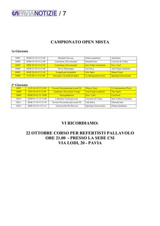 / 7
CAMPIONATO OPEN MISTA
1a Giornata
16001 DOM 25-10-15 21:00 Miradolo Pal.com. Polisp.miradolese Ads Kalos
16002 DOM 25-10-15 21:00 Corteolona, Pal.comunale Dinamik Iene Universo In Volley
16003 MER 28-10-15 21:30 Corteolona, Pal.comunale Iene Volley Corteolona Fun - Cool
16004 DOM 25-10-15 21:00 Pavia, Palacampus Cus Pavia Asd S.luigi Landriano
16005 MAR 20-10-15 21:30 S.angelo,pal.ist.pandini New Sport Manzo Team
16006 LUN 09-11-15 21:00 Pavia,pal. Via Folla Di Sopra Us Sanmaurense Pavia Sporting Torrevecchia
2° Giornata
16007 LUN 26-10-15 21:00 Travacò Siccomario,pal.scuole M. Manzo Team Us Sanmaurense Pavia
16008 GIO 29-10-15 21:00 Landriano, Pal.oratorio S.luigi Asd S.luigi Landriano New Sport
16009 DOM 20-12-15 19:00 Pavia,palatreves Fun - Cool Cus Pavia
16010 DOM 01-11-15 21:00 Carbonara Ticino,pal.com. Universo In Volley Iene Volley Corteolona
16011 MAR 27-10-15 21:30 Travacò Siccomario,pal.scuole M. Ads Kalos Dinamik Iene
16012 MER 28-10-15 21:15 Torrevecchia Pia Pal.com Sporting Torrevecchia Polisp.miradolese
VI RICORDIAMO:
22 OTTOBRE CORSO PER REFERTISTI PALLAVOLO
ORE 21.00 - PRESSO LA SEDE CSI
VIA LODI, 20 - PAVIA
 