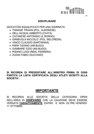 24
DISCIPLINARE
GIOCATORI SQUALIFICATI PER UNA GIORNATA:
 TANASIE TRAIAN (POL. ALBONESE)
 DELL’ACQUA UMBERTO (CIVITA)
 CATANESE ANTONINO (IL BORGO)
 GIRIBUOLA NICCOLO’ (POL. BELCREDA)
 VINCO CLAUDIO (SARTIRANA)
 PIERI TIZIANO (AM BUGO)
 GAMBARE’ EZIO (AM BUGO)
 PISANO LUIGI (REAL FERRERA)
 ZUGNI FABIO (OLEVANO)
SI RICORDA DI PRESENTARE ALL’ARBITRO PRIMA DI OGNI
PARTITA LA LISTA CERTIFICATA DEGLI ATLETI ISCRITTI ALLA
SOCIETA’.
IMPORTANTE
SI RICORDA ALLE SOCIETA’ DELLA CATEGORIA OPEN
DELL’AREA DI VIGEVANO CHE LA CAUZIONE DEVE ESSERE
VERSATA TASSATIVAMENTE ENTRO E NON OLTRE VENERDI’
11 OTTOBRE.
 