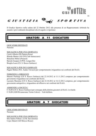 14




Il Giudice Sportivo nella seduta del 22 Ottobre 2012 alla presenza di un Rappresentante Arbitrale ha
assunto i provvedimenti disciplinari che di seguito si riportano:



                        AMATORI              A     11      GIOCATORI

GIOCATORI DIFFIDATI
Nessuno

SQUALIFICA PER UNA GIORNATA
Caroli Alberto (SS Pantera Rosa)
Bilardo Matteo (AS ENI Club Sannazzaro)
Bianchini Mirko (Penarol)
Barrale Gaspare (UPOL Lungavilla)
Broglia Luca (US. S. Rocco Garlasco)

SQUALIFICA PER DUE GIORNATE
Pagani Matteo (Pol. Audax Travacò) per comportamento irriguardoso nei confronti del D.d.G.

INIBIZIONI A DIRIGENTI
Maestri Pierluigi (US S. Rocco Garlasco) dal 22.10.2012 al 11.11.2012 compreso per comportamento
gravemente irriguardoso nei confronti del D.d.G.
Lazzarin Massimo (US S. Rocco Garlasco) dal 22.10.2012 al 16.12.2012 compreso, per comportamento
gravemente antisportivo, irriguardoso ed offensivo nei confronti del D.d.G.

AMMENDE A SOCIETA’
€ 10,00 (US S. Rocco Garlasco) per consegna della distinta giocatori al D.d.G. in ritardo
€ 10,00 (ASD Rivanazzano Terme Calcio) – Vedi delibera




                         AMATORI              A     7     GIOCATORI

GIOCATORI DIFFIDATI
Nessuno

SQUALIFICA PER UNA GIORNATA
Dos Santos Nilton J. (CSL San Zenone)
Cojoc Daniel (AD Sbocco Rosso)
 