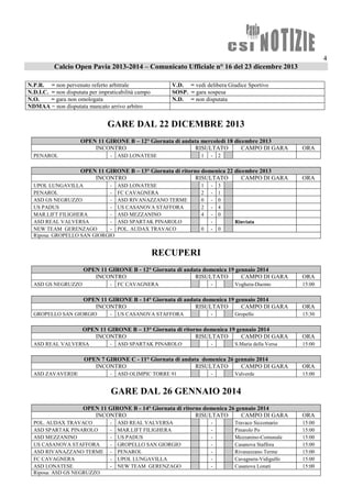 4
Calcio Open Pavia 2013-2014 – Comunicato Ufficiale n° 16 del 23 dicembre 2013
N.P.R. = non pervenuto referto arbitrale
N...