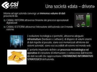 Intorno ad ogni azienda converge un immenso volume di dati
provenienti da:
CANALI INTERNI attraverso l’insieme dei processi operazionali
digitalizzati
CANALI ESTERNI attraverso l’interazione dell’azienda con il mondo
esterno
L’evoluzione tecnologica ci permette, attraverso adeguate
infrastrutture (hardware e software), di disporre di volumi enormi
di dati rispetto al passato, siano essi memorizzati all’interno dei
sistemi aziendali, siano essi accedibili all’esterno nel mondo web.
E’ pertanto importante definire un processo metodologico ed
operativo di estrazione di informazione e conoscenza dall’insieme
dei dati raccolti che rappresentano il PATRIMONIO INFORMATIVO
STRATEGICO dell’azienda.
Una società «data – driven»
 