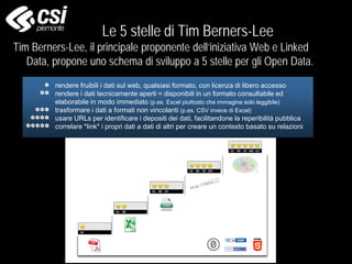 Le 5 stelle di Tim Berners-Lee
Tim Berners-Lee, il principale proponente dell’iniziativa Web e Linked
Data, propone uno schema di sviluppo a 5 stelle per gli Open Data.
• rendere fruibili i dati sul web, qualsiasi formato, con licenza di libero accesso
• rendere i dati tecnicamente aperti = disponibili in un formato consultabile ed
elaborabile in modo immediato (p.es. Excel piuttosto che immagine solo leggibile)
• trasformare i dati a formati non vincolanti (p.es. CSV invece di Excel)
• usare URLs per identificare i depositi dei dati, facilitandone la reperibilità pubblica
• correlare *link* i propri dati a dati di altri per creare un contesto basato su relazioni





 
