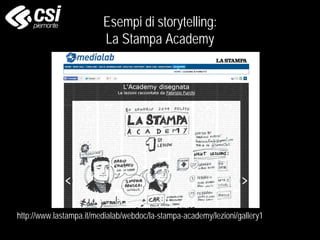 Esempi di storytelling:
La Stampa Academy
http://www.lastampa.it/medialab/webdoc/la-stampa-academy/lezioni/gallery1
 