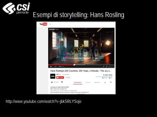Esempi di storytelling: Hans Rosling
http://www.youtube.com/watch?v=jbkSRLYSojo
 