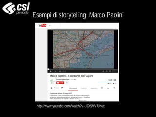 Esempi di storytelling: Marco Paolini
http://www.youtube.com/watch?v=JGt5VV7Jh6c
 