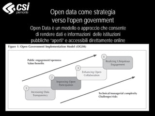 Open data come strategia
verso l’open government
Open Data è un modello o approccio che consente
di rendere dati e informazioni delle istituzioni
pubbliche “aperti” e accessibili direttamente online
 