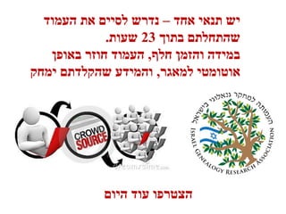 ‫אחד‬ ‫תנאי‬ ‫יש‬–‫העמוד‬ ‫את‬ ‫לסיים‬ ‫נדרש‬
‫בתוך‬ ‫שהתחלתם‬23‫שעות‬.
‫חלף‬ ‫והזמן‬ ‫במידה‬,‫באופן‬ ‫חוזר‬ ‫העמוד‬
‫למאגר‬ ‫אוטומטי‬,‫ימחק‬ ‫שהקלדתם‬ ‫והמידע‬
‫היום‬ ‫עוד‬ ‫הצטרפו‬
 